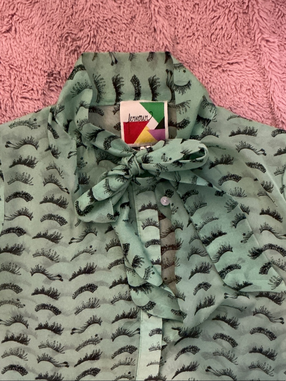 L'Amour Mint Green Eyelash Print Bow Tie Blouse